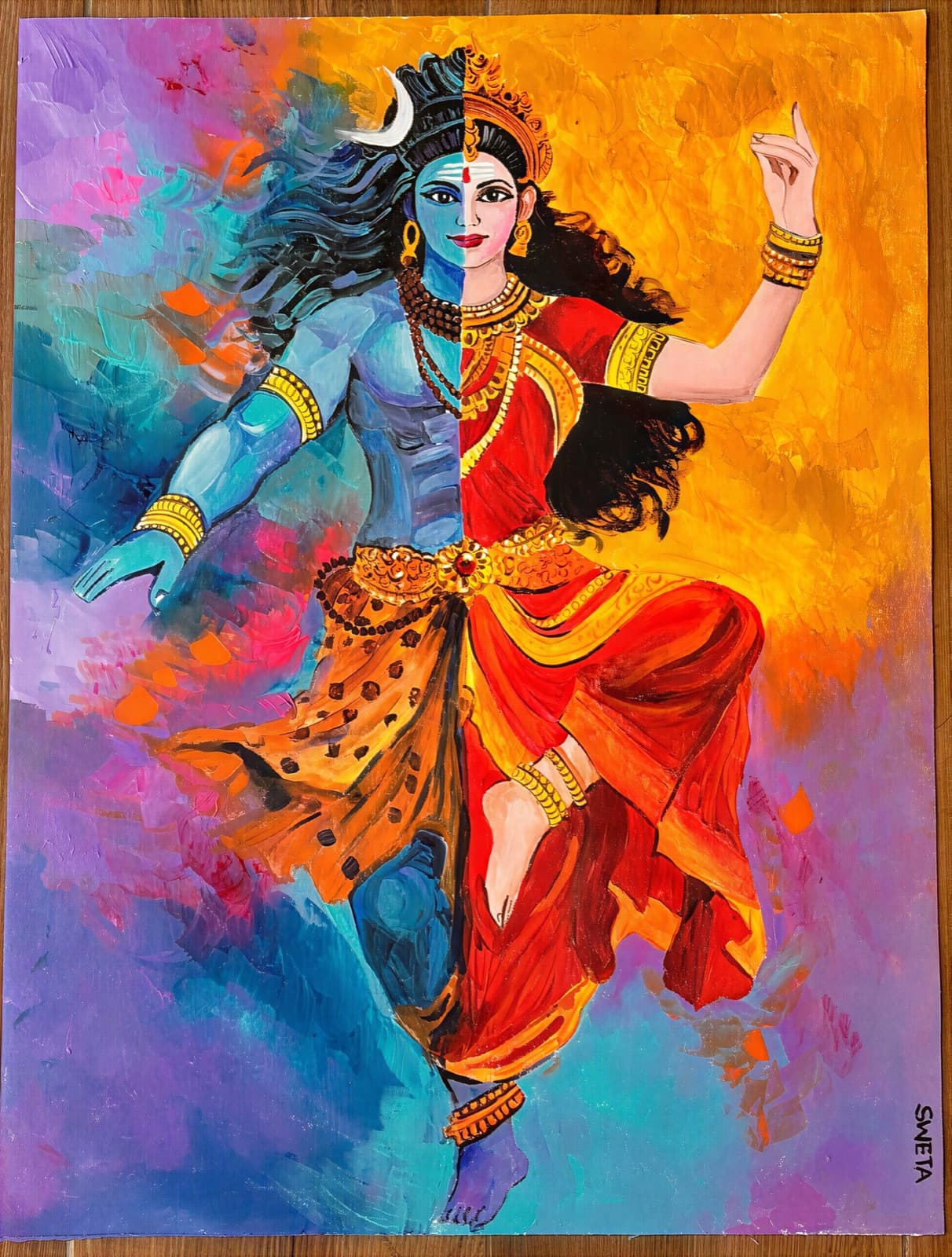 Ardhanarishvara, the divine as both halves at once, dancing