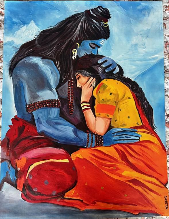Parvati resting against Shiva, in red and ochre