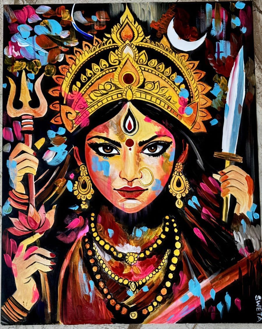 Acrylic painting of Durga with a golden crown, holding a trident and sword, against a dark ground flecked with turquoise