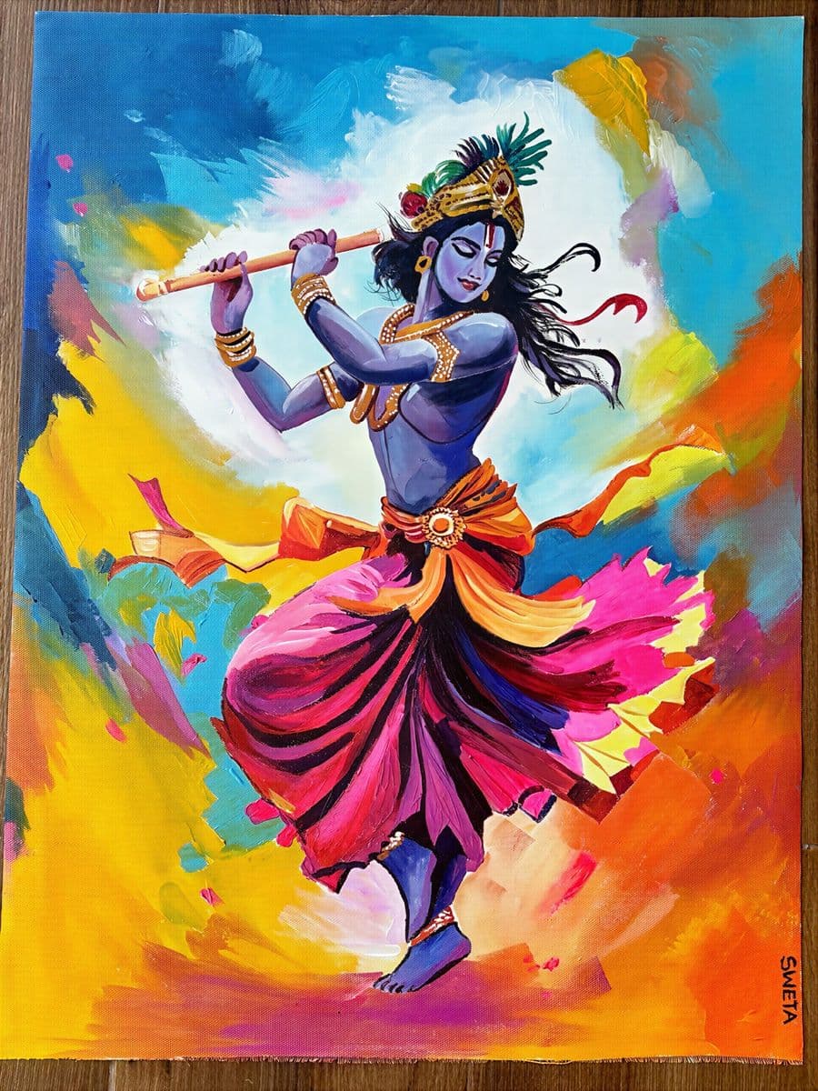 Acrylic painting of Krishna playing the flute in a dancing pose, wearing magenta and saffron, against a vivid multicoloured sky